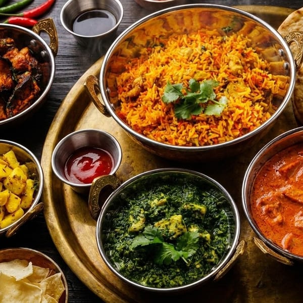 A golden tray filled with various Indian dishes, including rice, curries, naan, and chutneys.