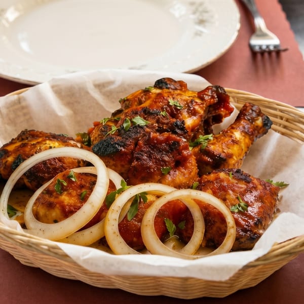 Basket of grilled chicken drumsticks and thighs, garnished with onion rings and parsley, with a drink.