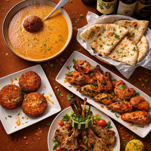 Overhead view of a vibrant Indian feast with soup, naan, grilled chicken, lamb chops, and crab cakes.