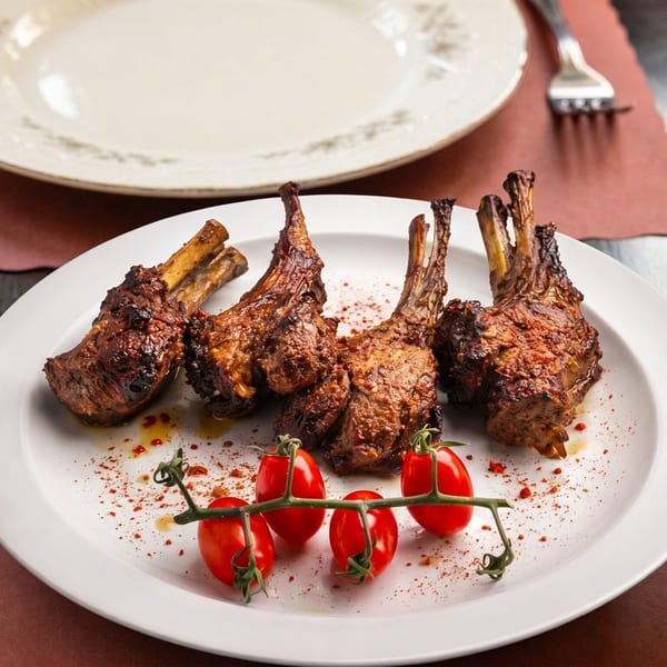 Four grilled lamb chops with cherry tomatoes on a white plate, with a drink and empty plate in the background.