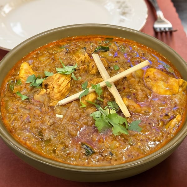 A bowl of chicken curry with cilantro and bamboo shoots, next to a drink and plate.