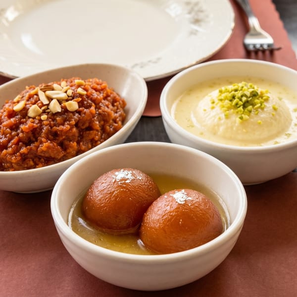 Three bowls of Indian desserts: gulab jamun, rasmalai, and gajar ka halwa, on a table.